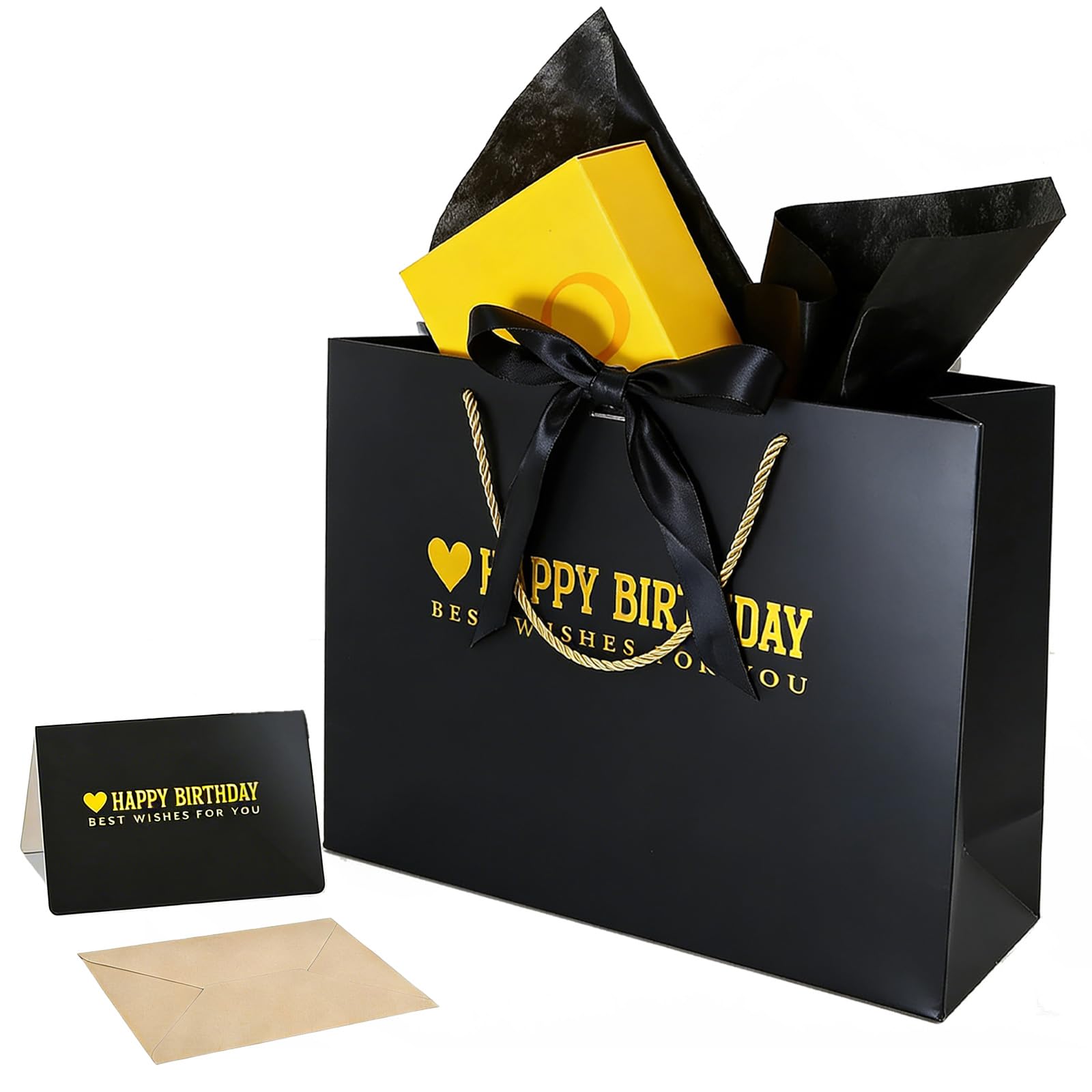 Photo 1 of **Kecorax Black Birthday Gift Bag with Tissue Paper and Greeting Card, 14" Gilded Gift Bag with 1 Ribbons for Men or Women