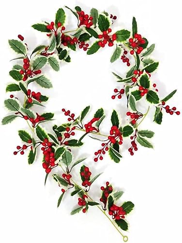 Guirnalda de Navidad de bayas rojas de 6 pies, guirnalda artificial de bayas rojas con hojas verdes para interiores y exteriores, jardín, chimenea,