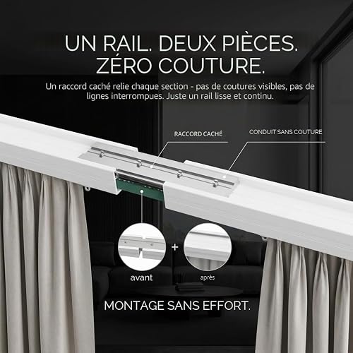 Quoya Rail de rideau électrique intelligent QL600, moteur motorisé, longueur réglable jusqu'à 3 m, compatible Alexa, Google, Siri, Apple Watch (supports muraux non inclus) - 2
