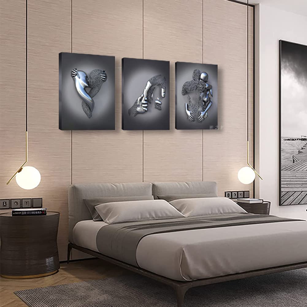 3Pcs Love Heart 3D Effect Wall Art, Abstract Metal Figure Sculpture Canvas Painting Hanging Unique Metal Wall Art,HD Printing Canvas Painting Core Indoor And Outdoor (Size:60*60cm*3 No Frame,Color:A