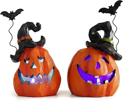 Hodao Juego de decoraciones de calabaza de resina para Halloween que realza tu temporada de otoño con diseño inspirado en tallado en madera.