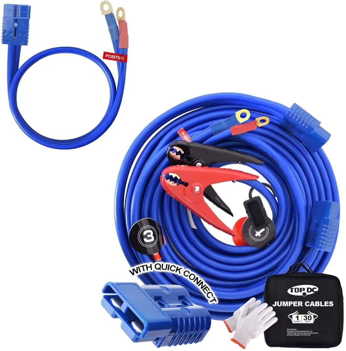 Cables de puente de refuerzo para automóviles de alta resistencia, cables de puente de calibre 1 de 30 pies con cable de alimentación de conexión rápida de calibre 1 de 5 pies, abrazaderas con certificación UL, kit de cables de puente de pico alto para automóvil, SUV y camión
