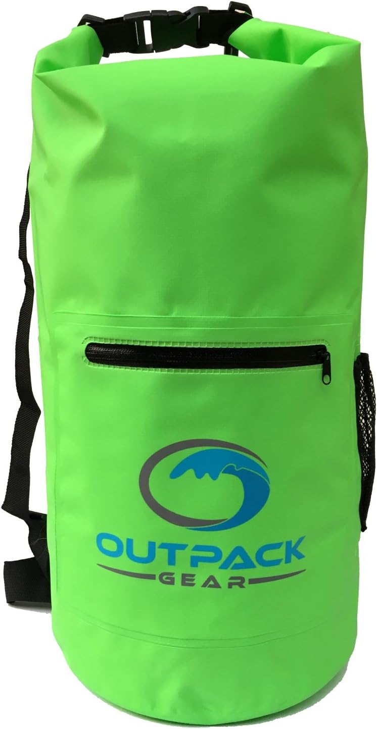 Dry Bag Waterproof Backpack | Lightweight Daypack Sports Sackpack | Roll Top, Zip Pocket, Water Bottle Holder, Shoulder Straps | Kayaking Beach Boating Gym Hiking Swim Camping | Green 20L