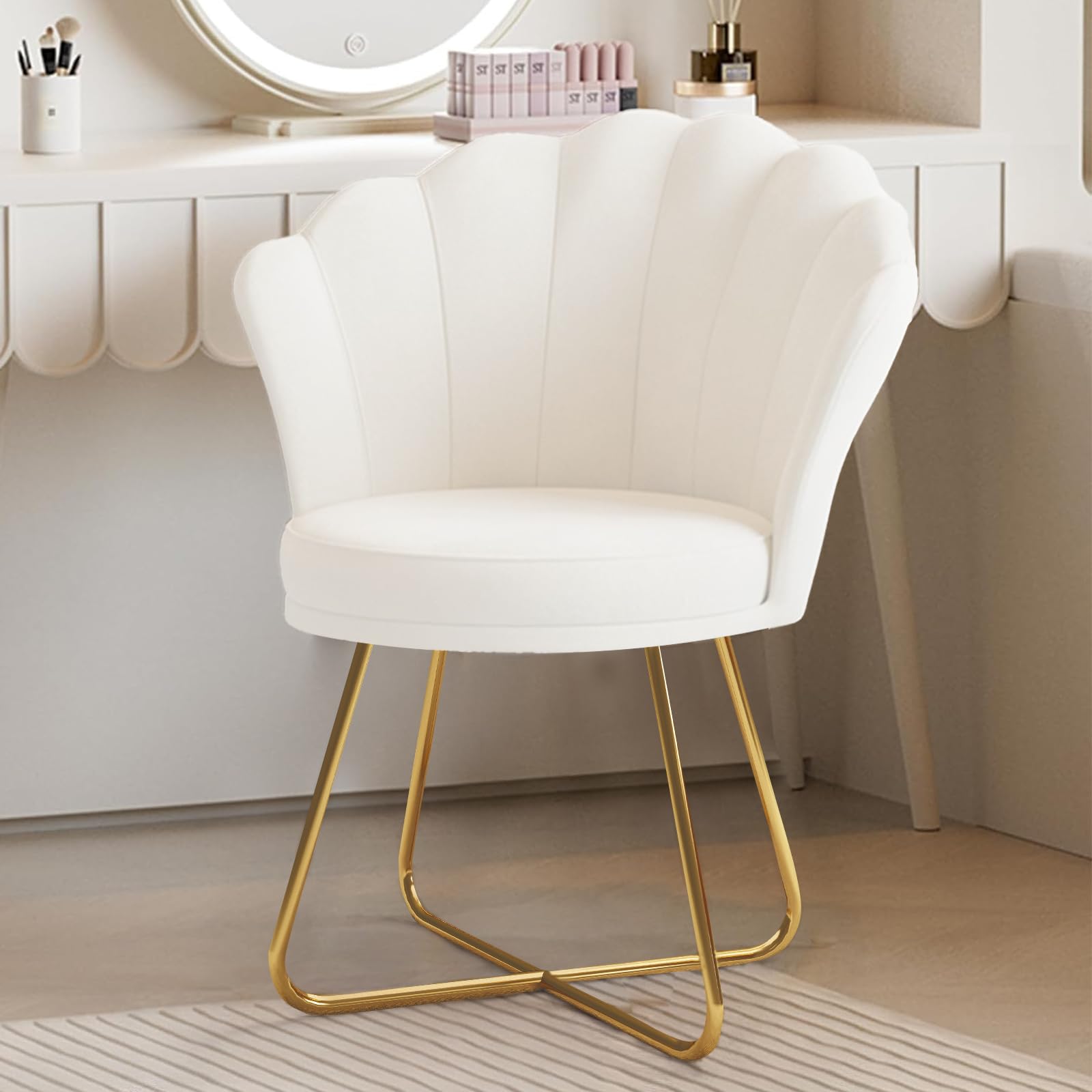 Hawthyhome Accent Chair Modern Occasional Tub, Chair Dressing Chair for Home, petal backrest armchair with metal legs gold, up to130 KG Load Capacity White — image 1