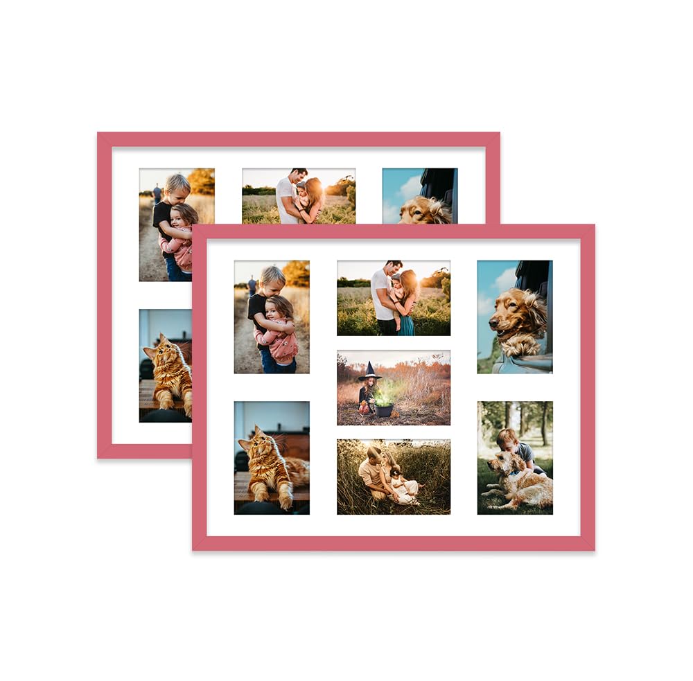 Pink Multi Photo Frame - Holds 7 x 6x4 Pictures, Family Collage Picture Frame for Wall Display, 20x16 Frame size, Set of 2