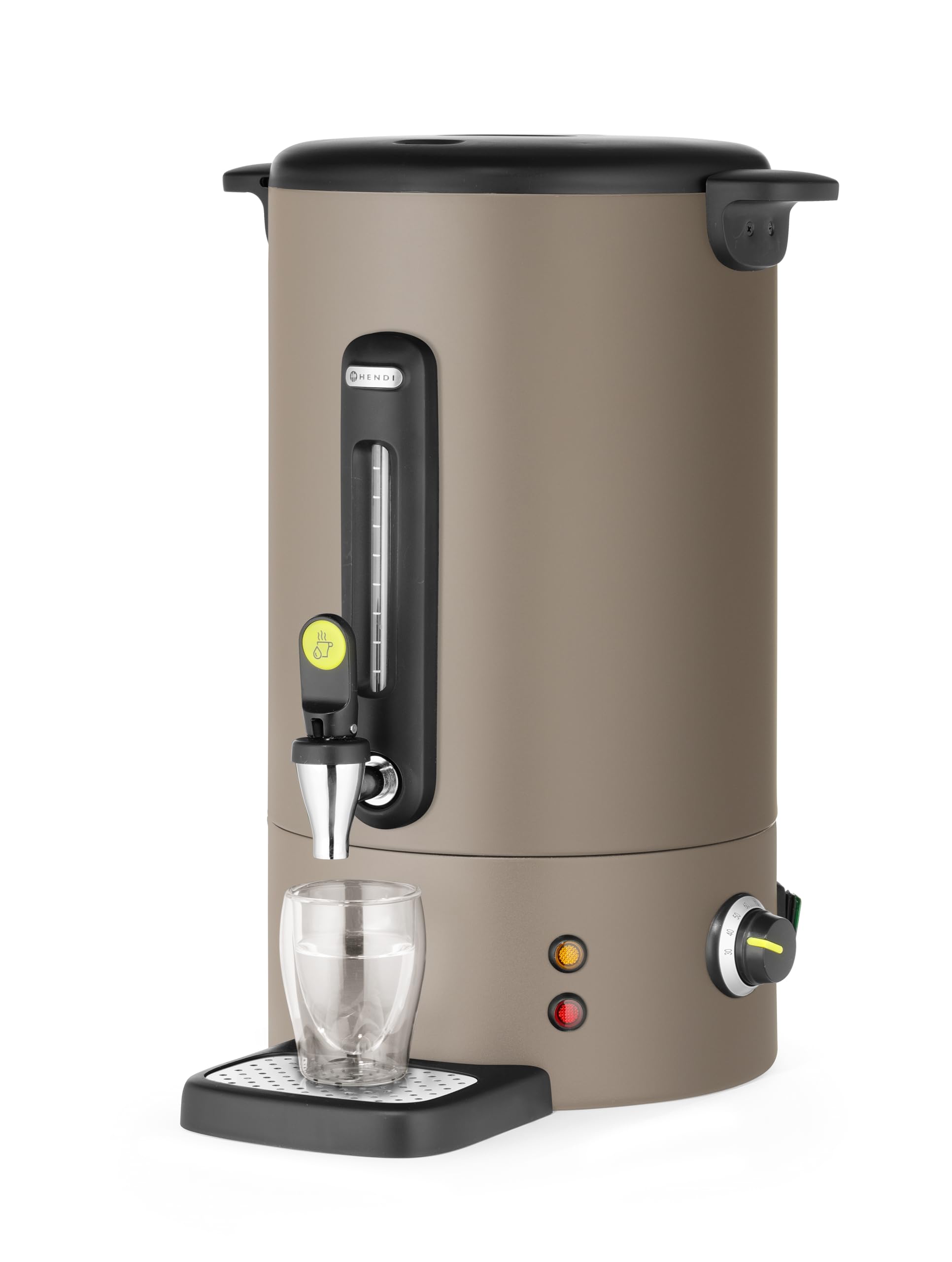 HENDI Bollitore per bevande calde 16L UNIQ, dispenser acqua calda con parete singola, per vin brulè e acqua bollente, fino a 100°C, 230V, 50/60Hz, 1650W, 357x380x(H)502mm, grigio tortora, Inox, PP