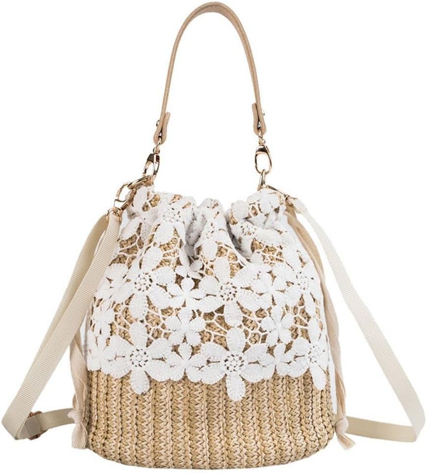 Andy’s Orchids Straw Shoulder Bag, Lace Bucket Bohemia Summer Handbag Vocation Woven Tote Crossbody Bag for Women, Grey