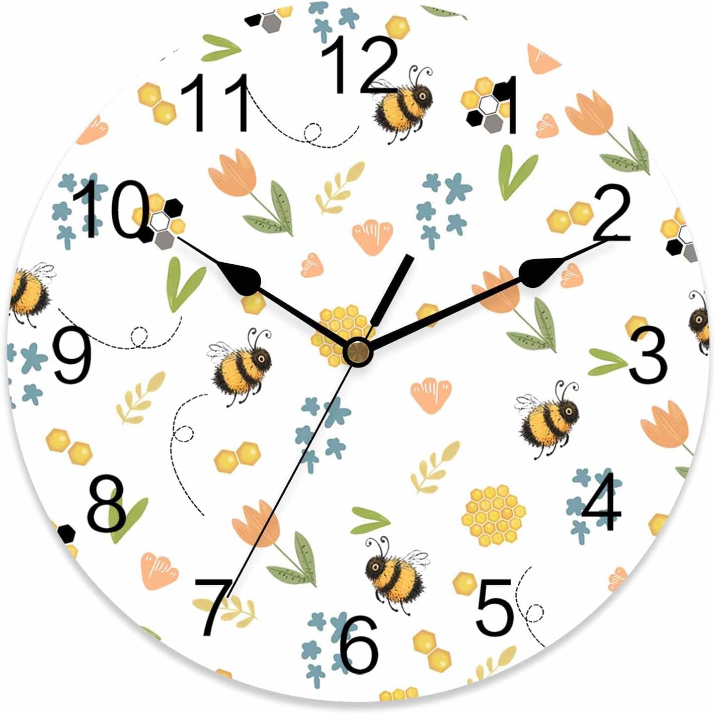 Spring Flowers Cute Bees Wall Clocks Battery Operated, Animals Tulips White Large Wall Clock for Bedroom Kitchen Living Room Bathroom Decorative, 14 Inch