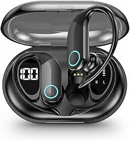 Fone de Ouvido Bluetooth Sem Fio TWS Esportivo com Gancho – Display LED no Estojo – Som Estéreo HD – Microfone – Compatível com iPhone, Samsung, Motorola, Xiaomi, Android e iOS – Casenn