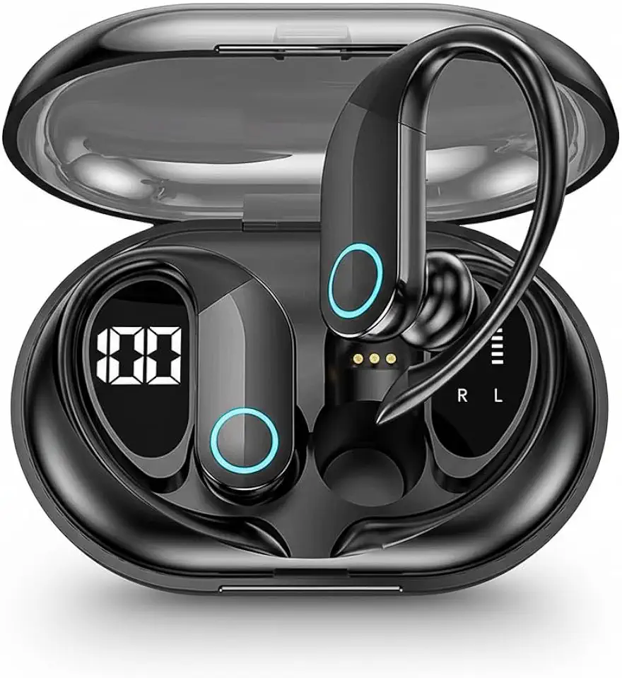 Fone de Ouvido Bluetooth Sem Fio TWS Esportivo com Gancho – Display LED no Estojo – Som Estéreo HD – Microfone – Compatível com iPhone, Samsung, Motorola, Xiaomi, Android e iOS – Casenn