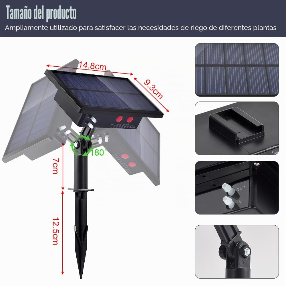 Riego por goteo solar, kit riego por goteo con 10 M manguera, sistema riego automatico con 10 puntas de goteo, autorriego para macetas para jardin, interior, terraza.