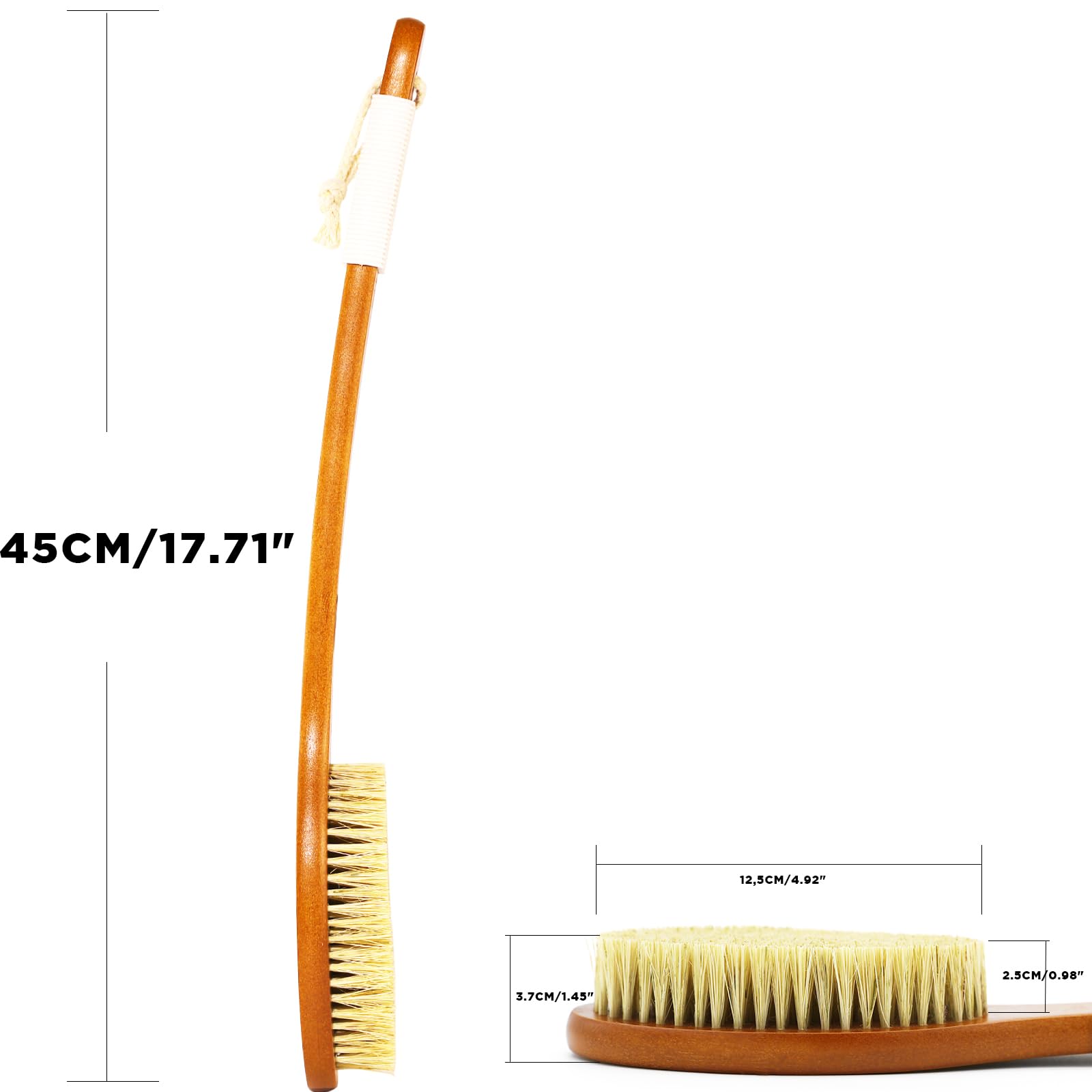 ICANdOIT-17.71Inch Natural Boar Bristles Anti-Slip Curved Long Handle Bath Brush,Bent Handle Shower Scrubber for Exfoliating,Shower Back Brush