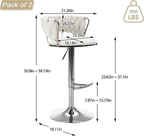 Miniatura 2 de Juego de 2 taburetes de bar giratorios de terciopelo, taburete de bar ajustable con respaldo tejido, sillas de comedor tapizadas, taburetes de bar