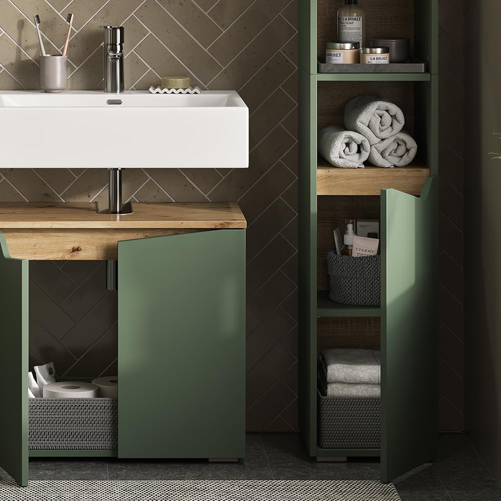 Vicco Armoire de Salle de Bain Marelle, Vert/Artisan, 30x180cm avec Portes et Compartiments Ouverts, pour Le Rangement des Accessoires de Salle de Bain et des Serviettes