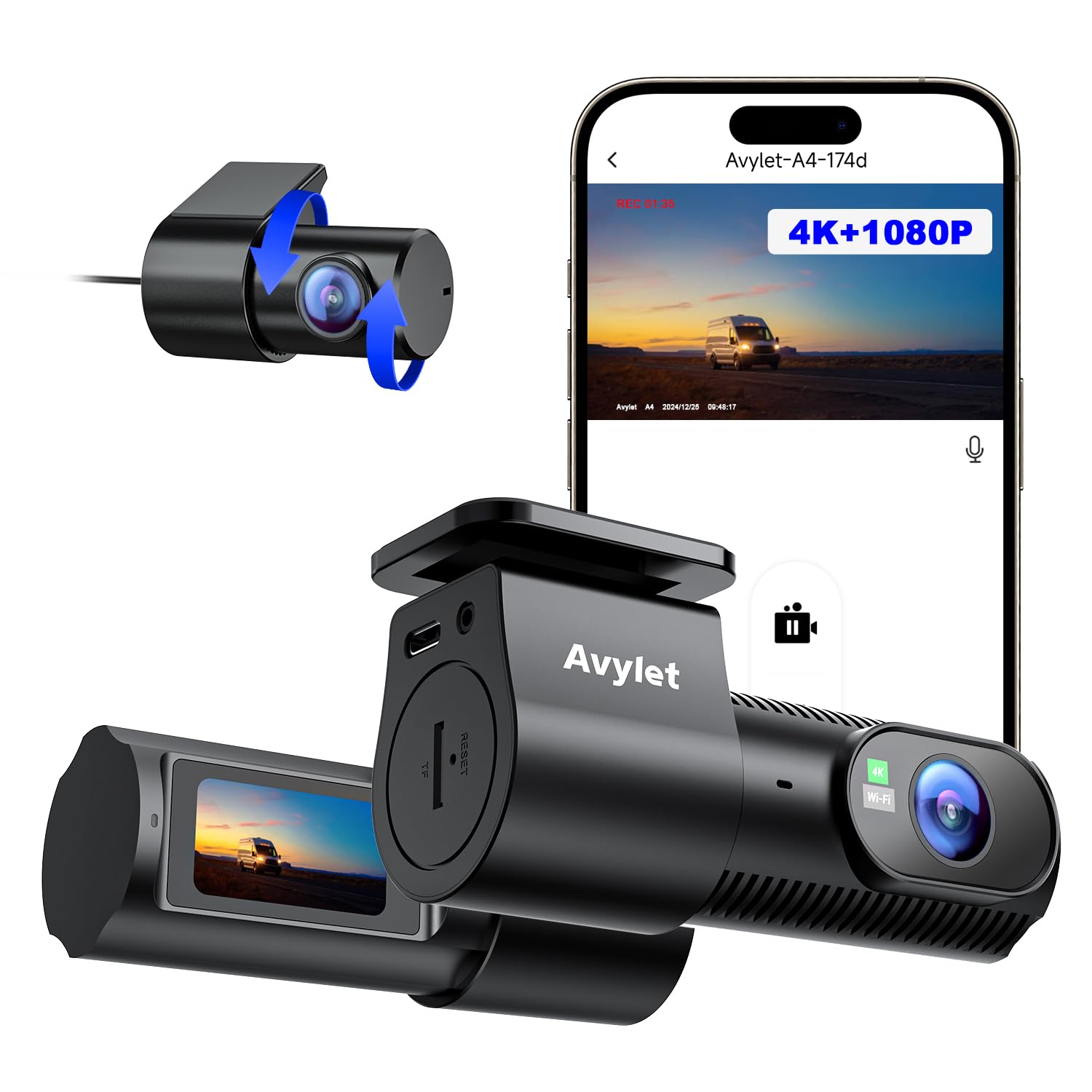 Avylet Dash Cam Front and Rear, 4K/1080P WiFi APP Dash Camera for Cars, External GPS Module, 1.5” IPS Screen, Dual Dashboard Camera with APP, Night Vision, 24H Parking Mode, 170° Wide Angle, G-Sensor