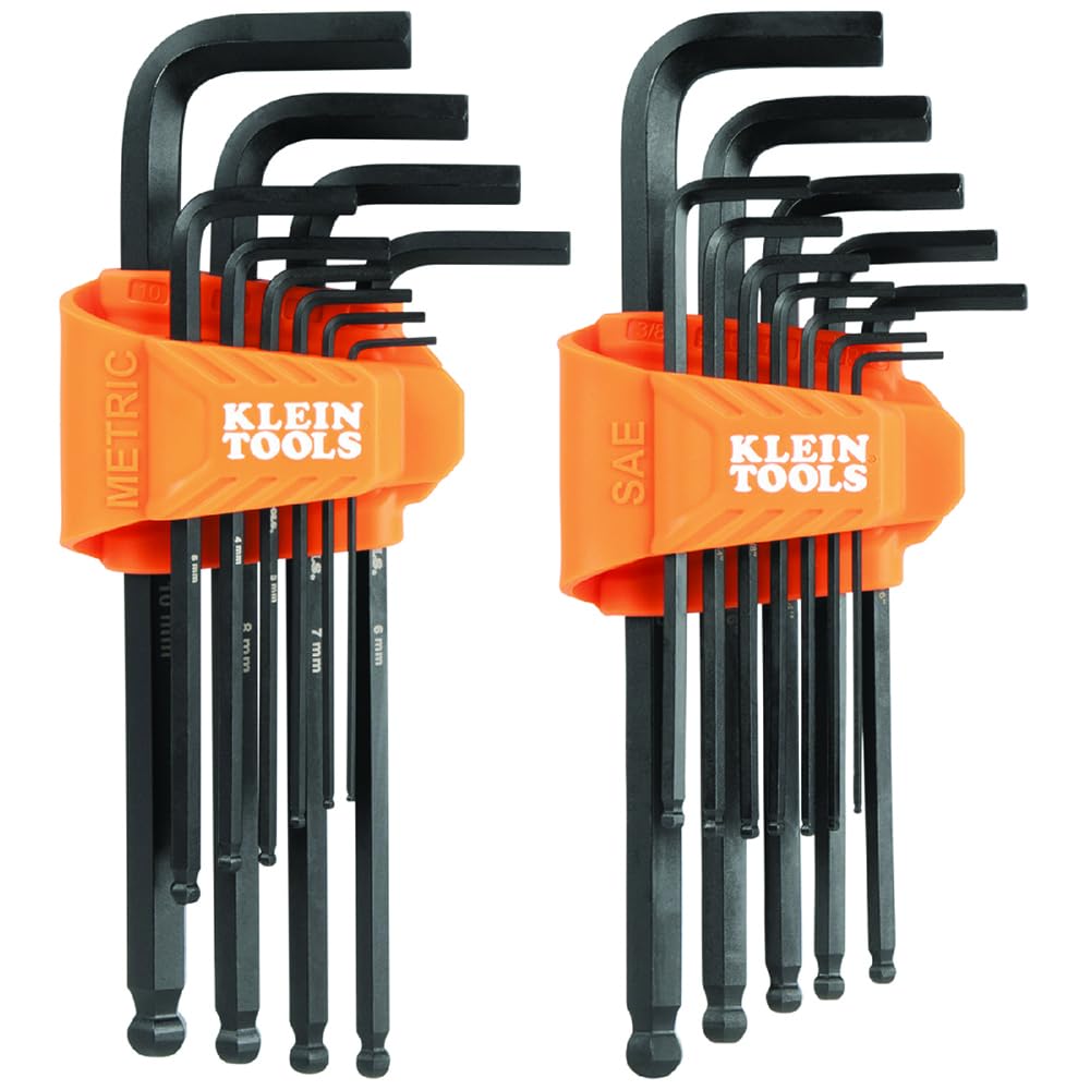 KLEIN TOOLS BLS22 22-Piece Long Ball-End Hex Key Wrench Set, SAE and Metric, Heat-Treated, L-Style, 1/16-Inch to 3/8-Inch and 1.5mm to 10mm