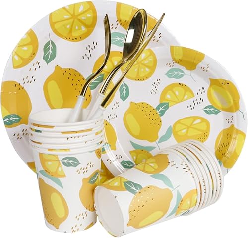 Miniatura 2 de Geeklife Platos de fiesta de papel metálico dorado con temática de limón, platos de postre desechables de lámina dorada a granel, platos decorativos