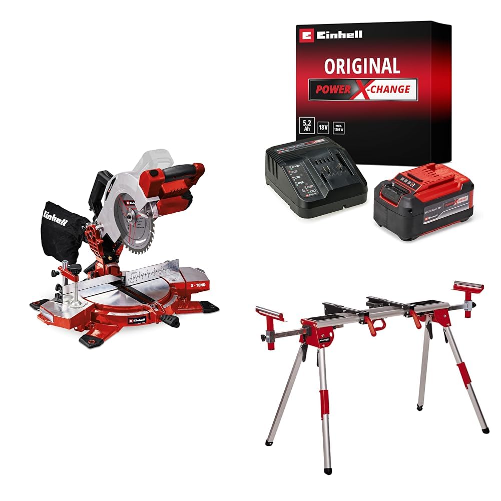 Einhell TE-MS 18/210 Li - Solo Akülü Gönye Testere + 18V 5,2 Ah PXC Starter-Kit (Başlangıç Seti), Akü ve Şarj Cihazı + MSS 1610, Gönye Kesme Standı