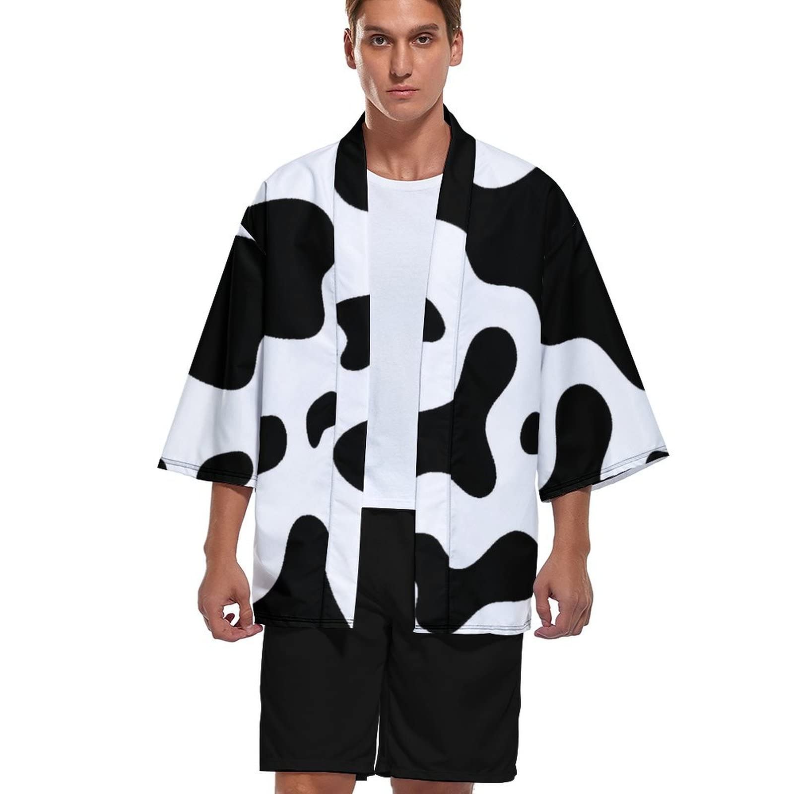 Amazon.co.jp: 夏服 動物柄 牛柄 黒と白 着物カーディガン
