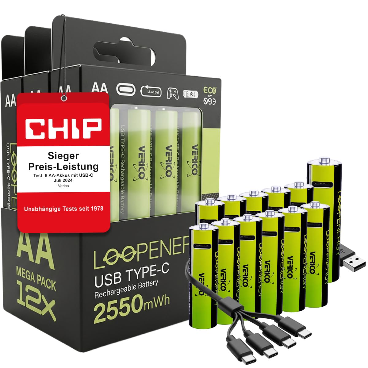 [Preis-LEISTUNGSSIEGER*] 12er Set: VERICO LoopEnergy Pack AA wiederaufladbare Batterien, Lithium Akku Batterie wiederaufladbar, aufladbareset Battery mit Type A auf 4X USB C Ladekabel, aufladbar