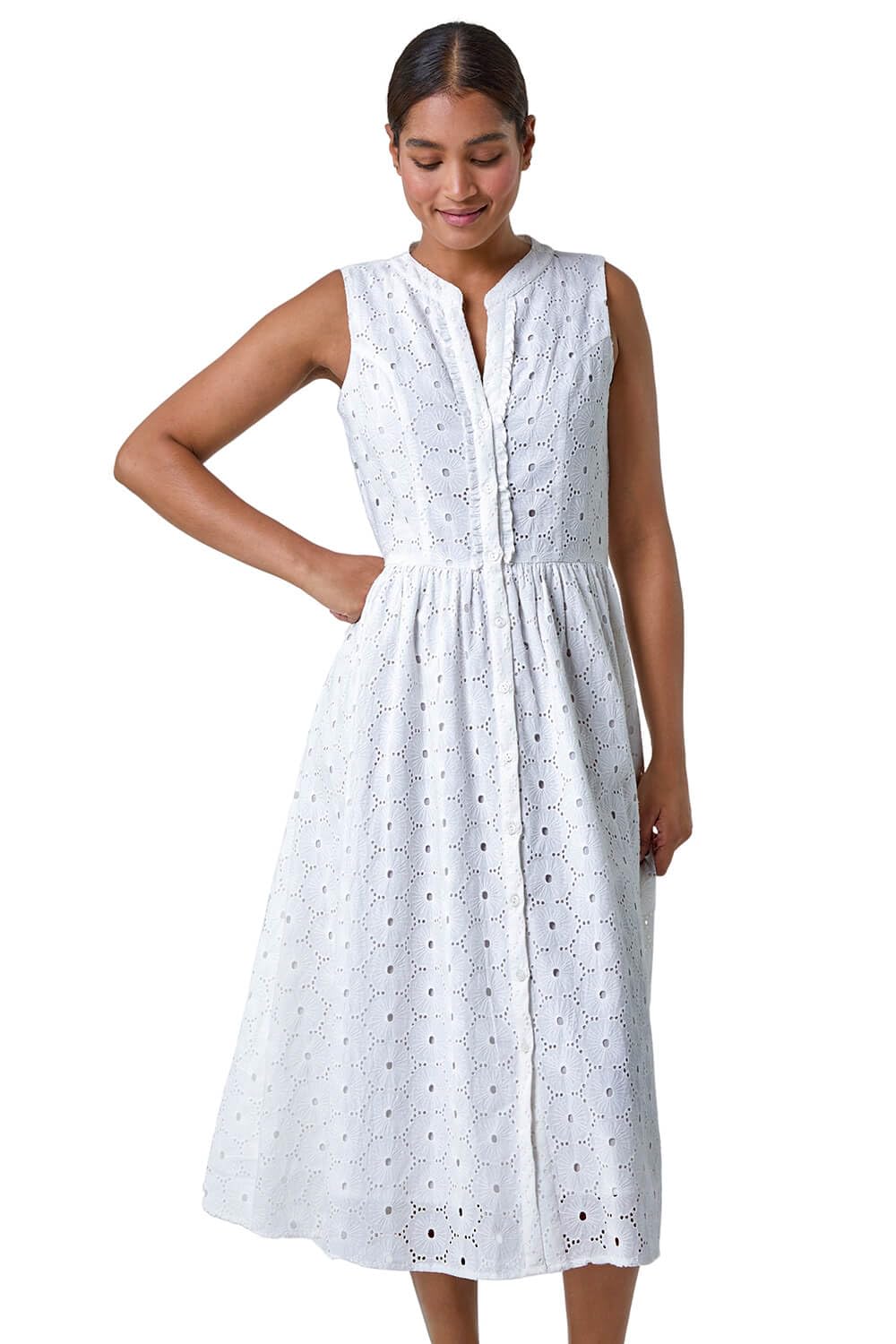 Roman Women's Floral Cotton Broderie Midi Dress in White | Size: 18