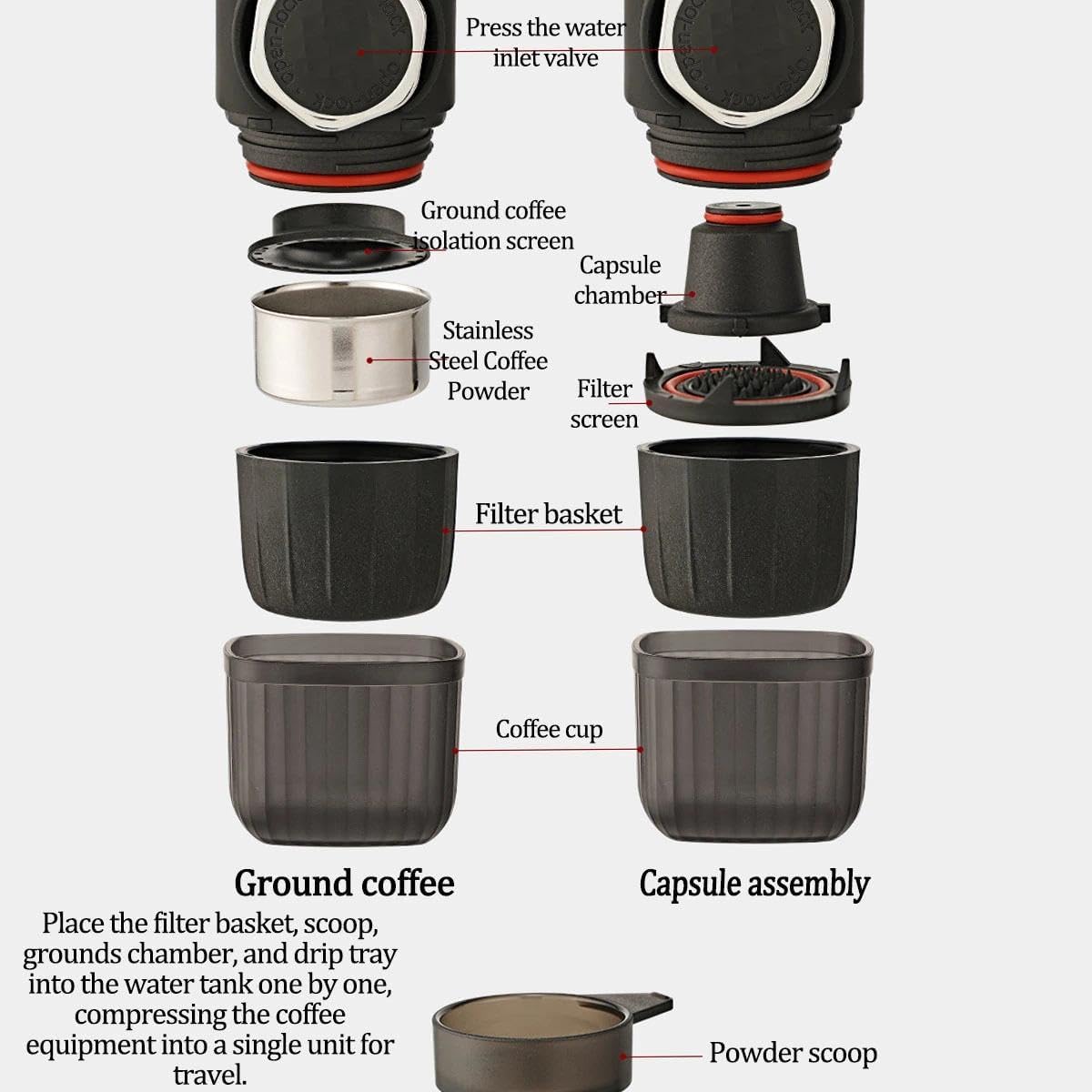 Portable Hand Press Coffee Maker, with Capsule Compartment Coffee Powder Bowl, Manual Brewing for Home Travel
