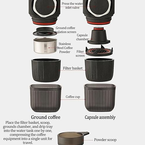 Miniatura 3 de Cafetera portátil de prensa manual, con compartimento para cápsulas, tazón de café en polvo, preparación manual para viajes en casa