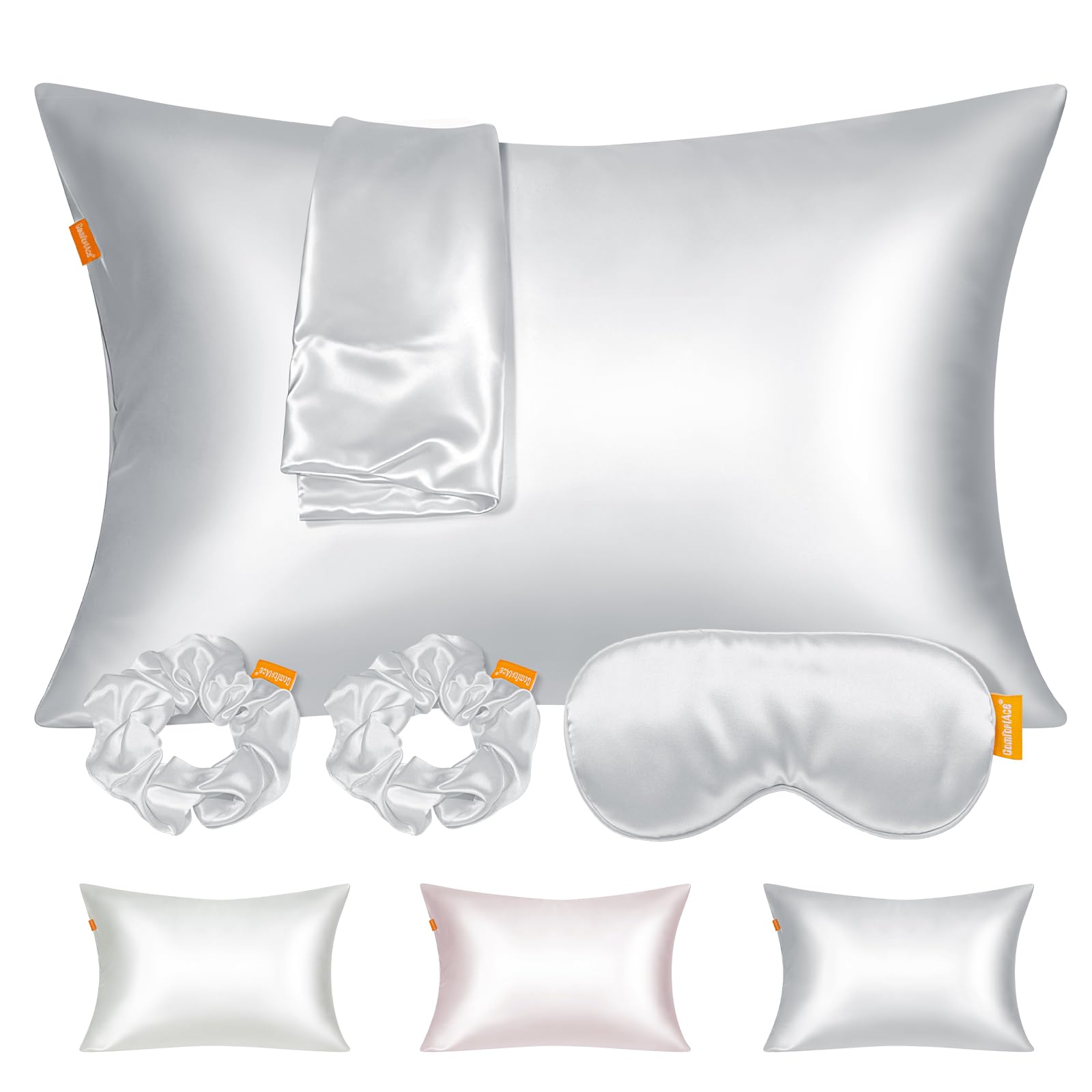 Juego de 3 piezas: funda de almohada de seda, goma de seda y antifaz para el cuidado del cabello y la piel, 40 x 80 cm (estilo clásico) con cremallera invisible (gris plata)