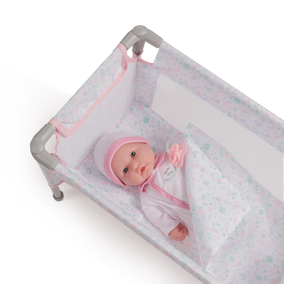 JC Toys - Składane łóżeczko podróżne - Park dziecięcy, lalki do 45 cm, łatwe do złożenia i demontażu, w zestawie torba, poduszka i koc, dekoracja kwiatowa, zaprojektowana przez Berenguera, 3 lata