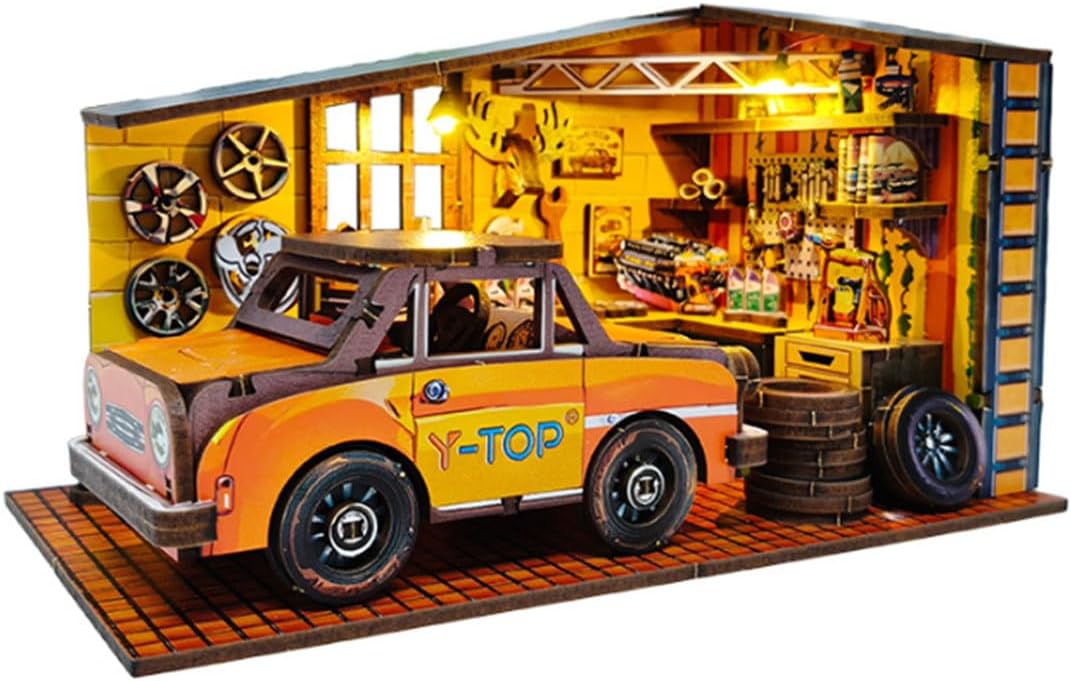 Car Garage Miniature Scene Model Kit with LED Lights, Handcrafted DIY Wooden Craft,3D Storage Car Showroom Scene for Teens 16+ (200+PCS)