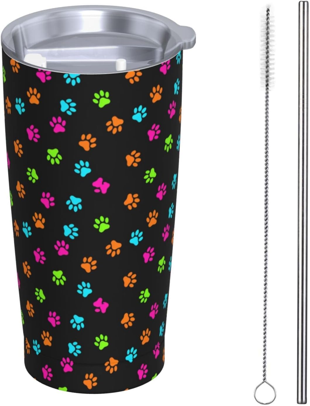 Dujiea 20oz Tumbler With Lid And Straw, Colorful Dog Cat Paw Print Vacuum Insulated Iced Coffee Mug Reusable Travel Cup Stainless Steel Water Bottle