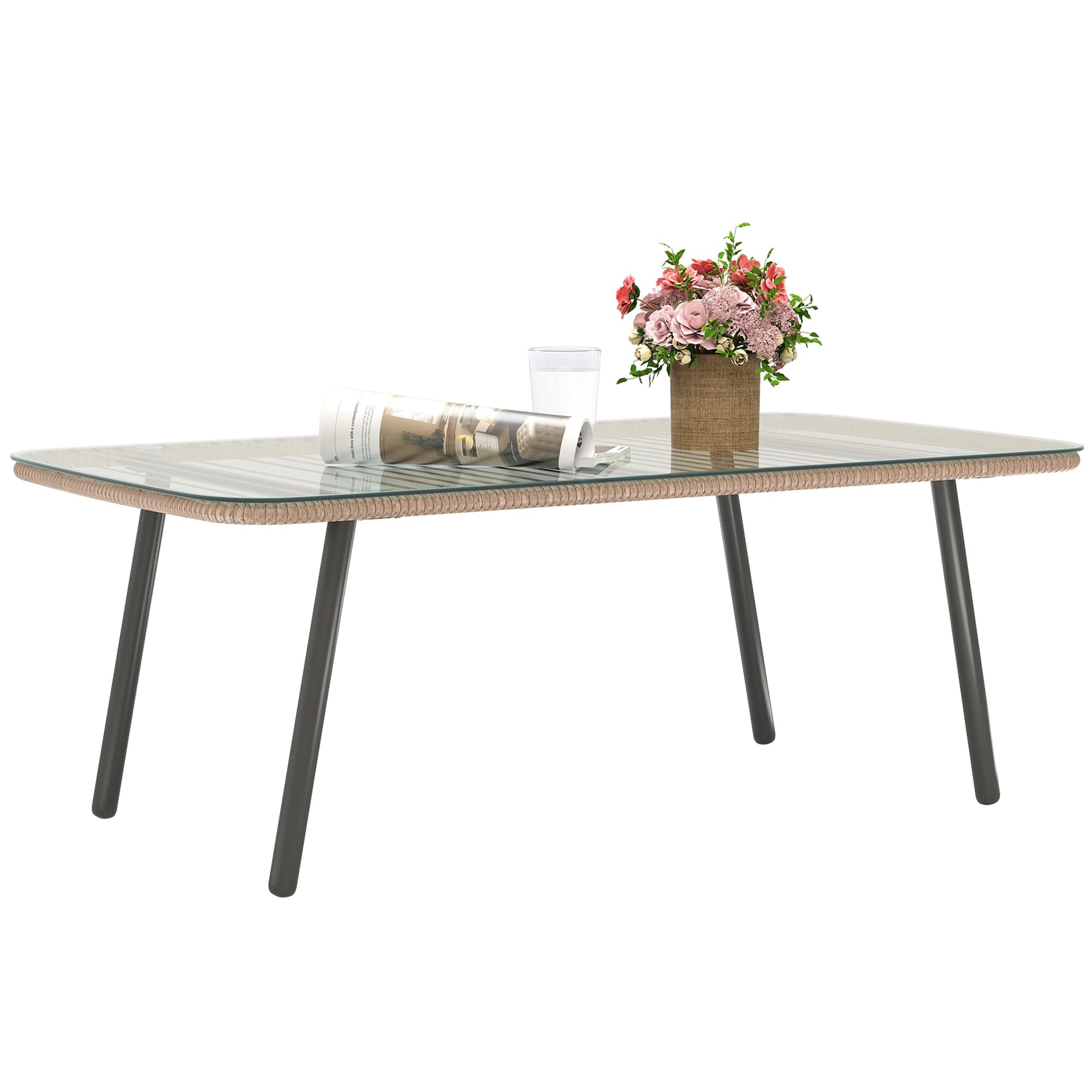 Outsunny Table Basse de Jardin en résine tressée avec Plateau en Verre trempé 5 mm, Table d'appoint pour terrasse, Patio, Balcon, extérieur, Cadre en Acier 110 x 60 x 40 cm, Aspect Bois Naturel