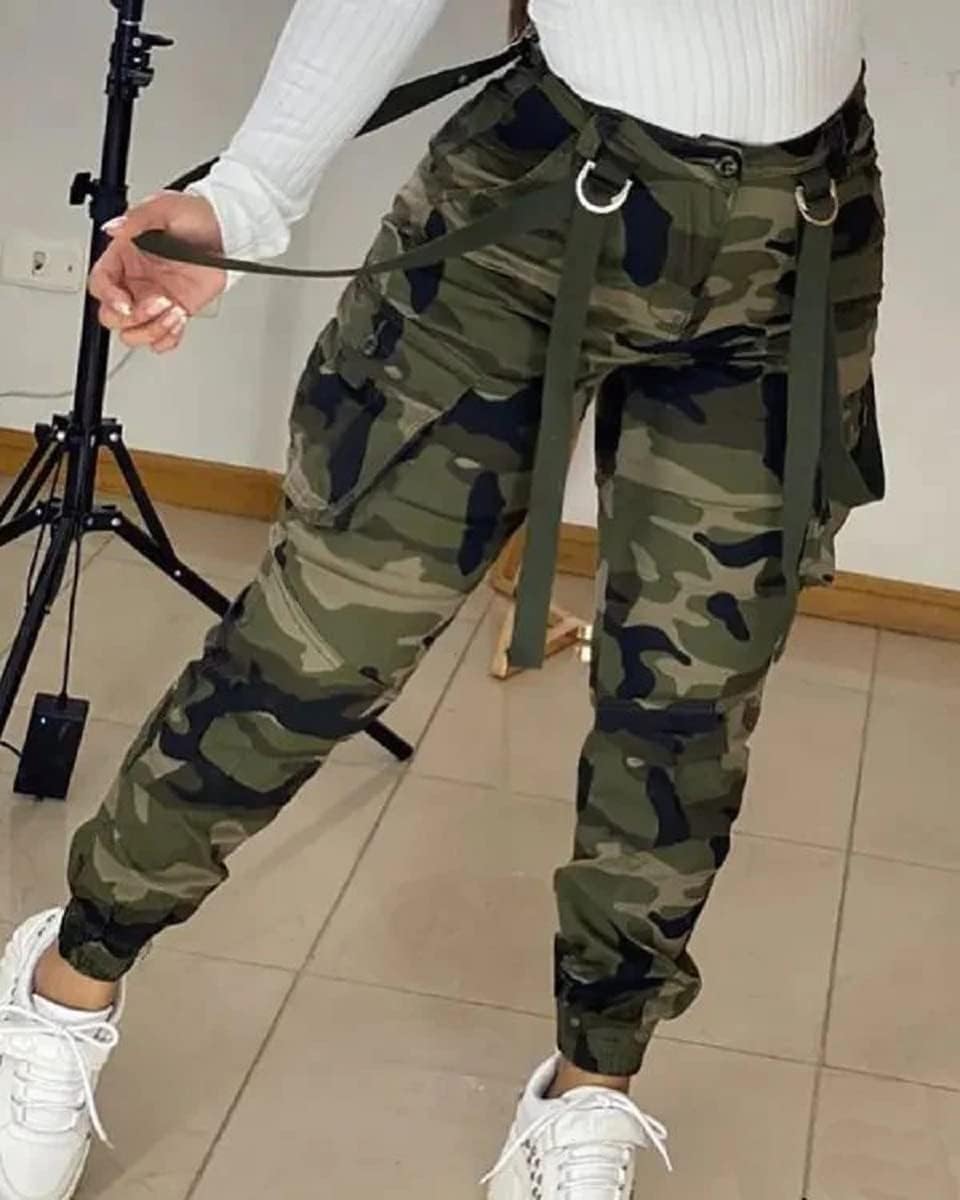 Vakkest Womens Camo Cargo Pants Army Fatigue Jogger Camouflage High Waist Trouser Clubwear Y2K Sweatpants with Belt - Image 2
