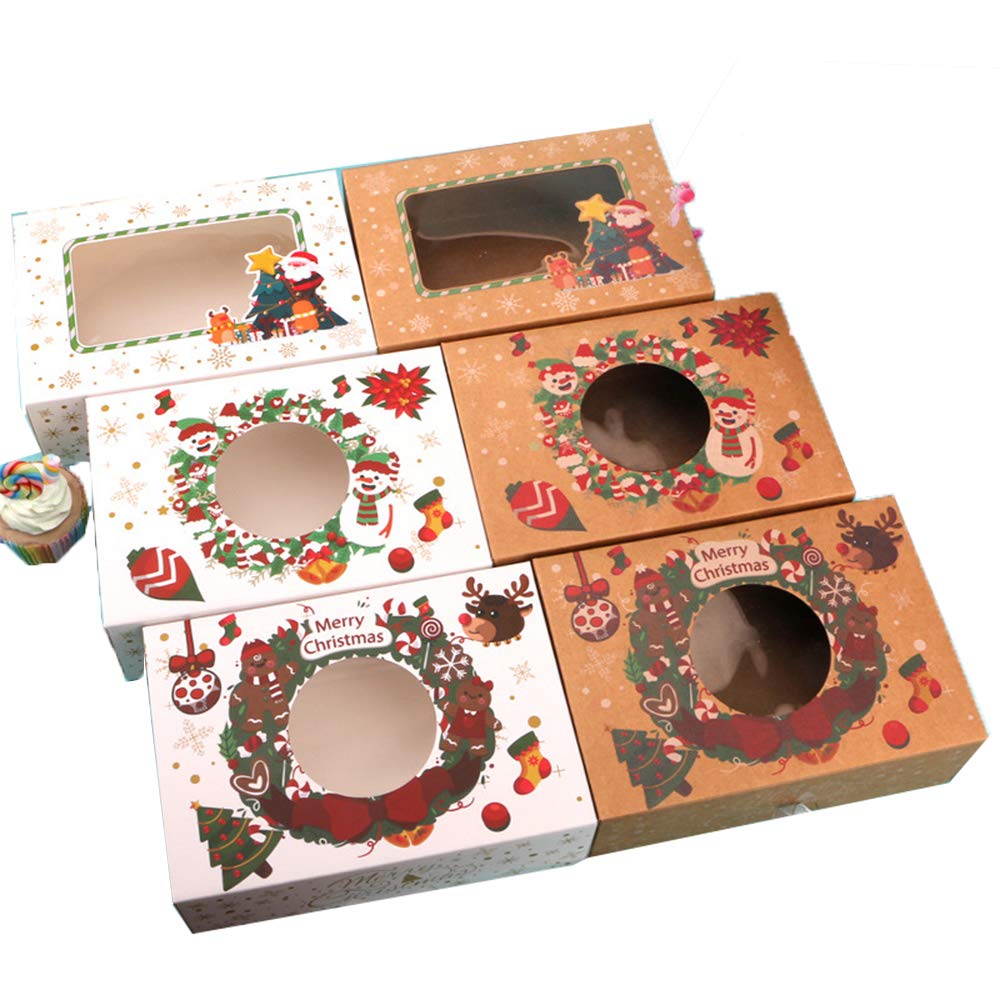 SohapySohapy 12Pcs Christmas Cookies Boxes Kraft Paper Christmas Treat Box Holiday Goody Gift Box Bakery Cupcake Box Containers with Clear Window for Pastries, Gift Giving, 8.2" x 6" x 2.7" (Style Mix)