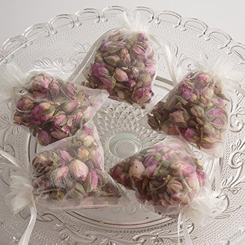 5 Duftkissen - Duftsäckchen mit angenehmen Rosenduft und parfümierten rosa Rosenknospen und Rosenblättern in trasparenten Organzasäckchen Schrankduft Cover