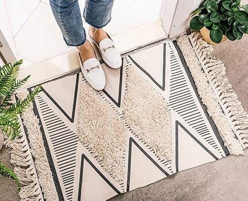 Tapis de salle de bain bohème - 60 x 90 cm - En coton tissé à la main - Imprimé diamant chic - Pour chambre à coucher, salon, buanderie Cover