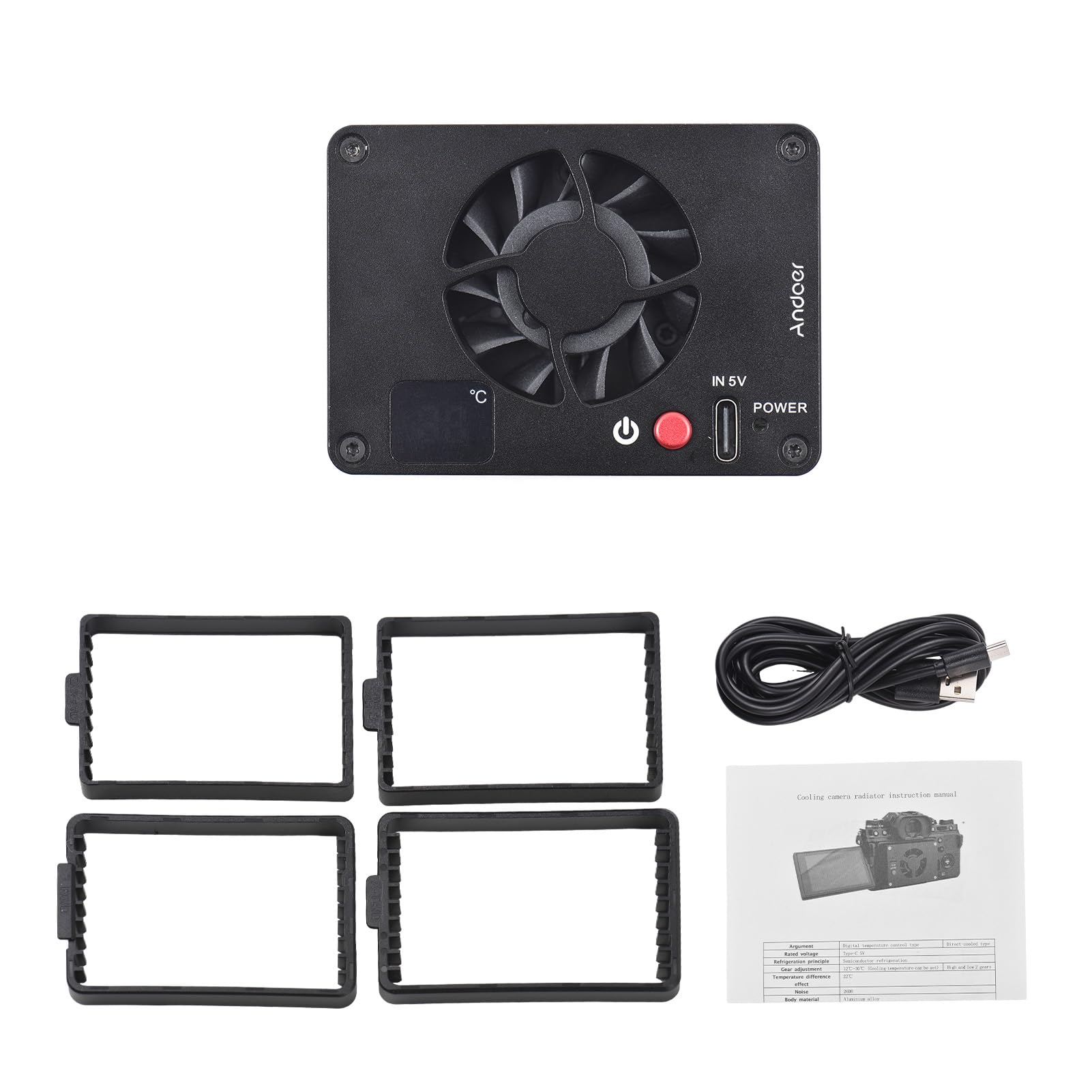 Andoer FS-04A Kamera-Lüfter, externes Kühlsystem mit Temperatureinstellung, OLED-Display, 4 Stück Montageadapterplatten für Sony A7M4/ZVE1/A6700/A7C2/A7S3, für Canon R5/R6/R7, für Fujifilm XT4-Kameras