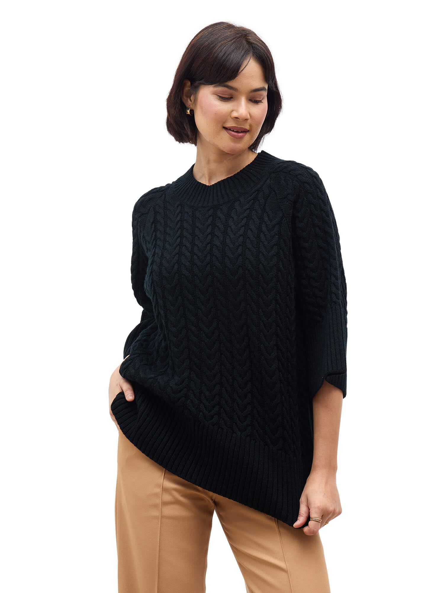 salt attire Gigi Women's Black Cable Knit Sweater | Round Neck, 3/4 Bell Sleeves, A-Line Fit | Warm Acrylic Blend | Semi-Formal Winter Wear-picture-12