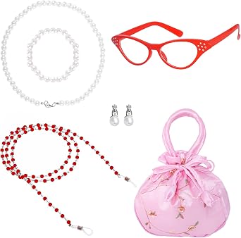 baotongle 6pcs Old Lady Costume Accessory Set Eyeglasses Glasses Chain Necklace Bracelet for Women for Halloween Cosplay