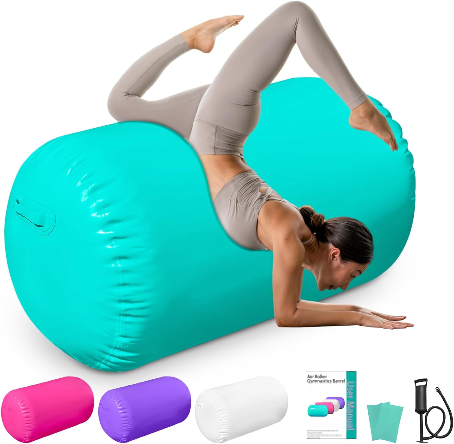 Air Roller Gymnastics Barrel Back Handspring Trainer Air Barrel Gymnastics Air Tumbling Mat for Tumbling Cheerleading Training Yoga Gym with Manual Air Pump Backhandspring