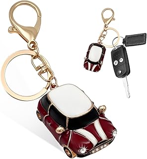 Car Key Chain, Rhinestone Detail 3D Cute Car Model Keychain, Mini Cooper Metal Key Chain with Ring, Car Accessories (Dark Red)