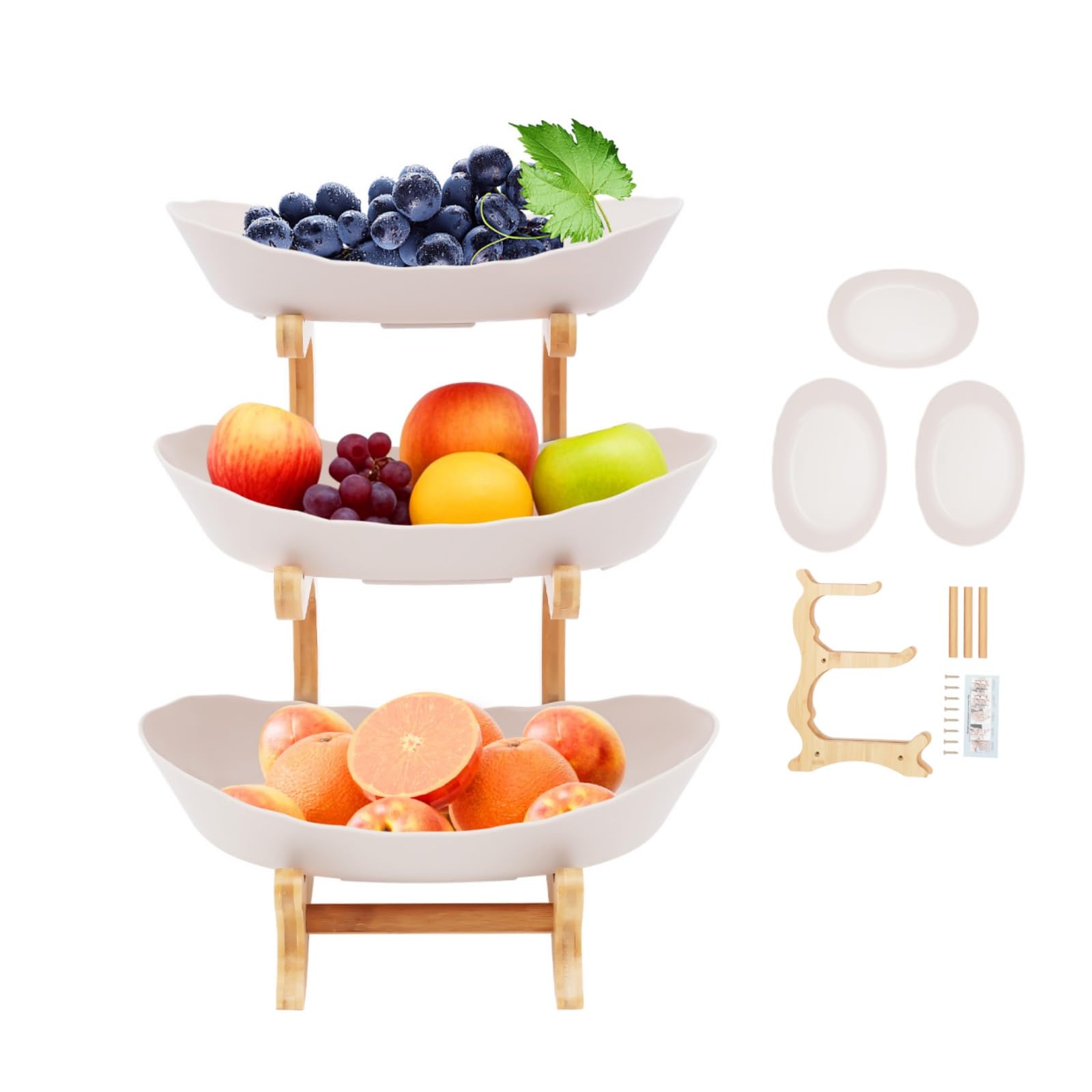 Présentoir à fruits à 3 étages | Bol à fruits en céramique et porcelaine | Assiette à fruits ovale en bambou naturel | Support ovale en bois de bambou naturel | Présentoir à tarte - Plateau à