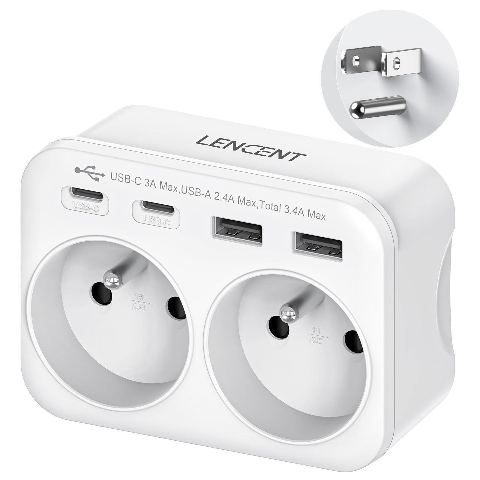 LENCENT Adaptateur de Voyage Type B - 6 en 1 vers USA/Canada/Mexique/Thaïlande - Prise Française avec 2 Prises AC et 2 Ports USB-A，2 Ports USB-C -pour appareils français aux États-Unis