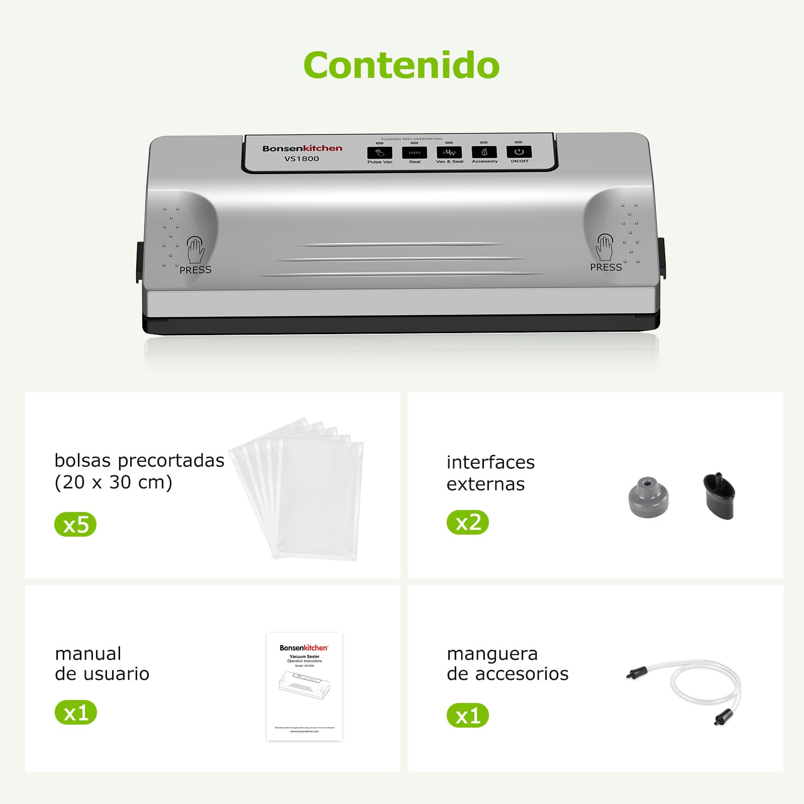 Bonsenkitchen Envasadora al Vacío, Sellado Robusto 30 cm, Función Pulse para Alimentos Húmedos, Kit de Vacío Externo, Uso Continuo con Protección Térmica, con 5 Bolsas, VS1800