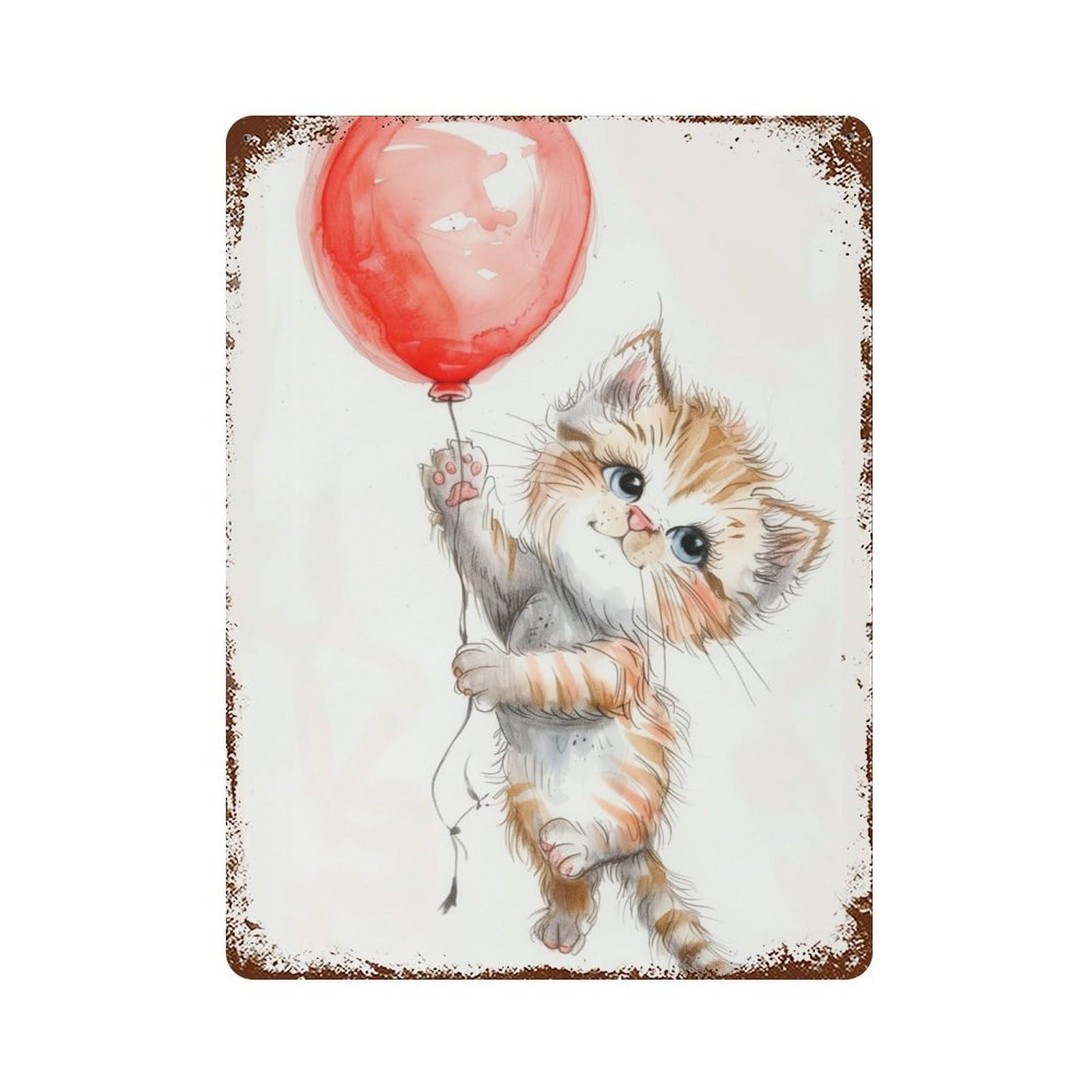 Kitten with Balloon Illustration Rust Effect Tin Sign 15.7"x11.8", Farmhouse Wall Decor for Living Room, Hallway And Home Decor