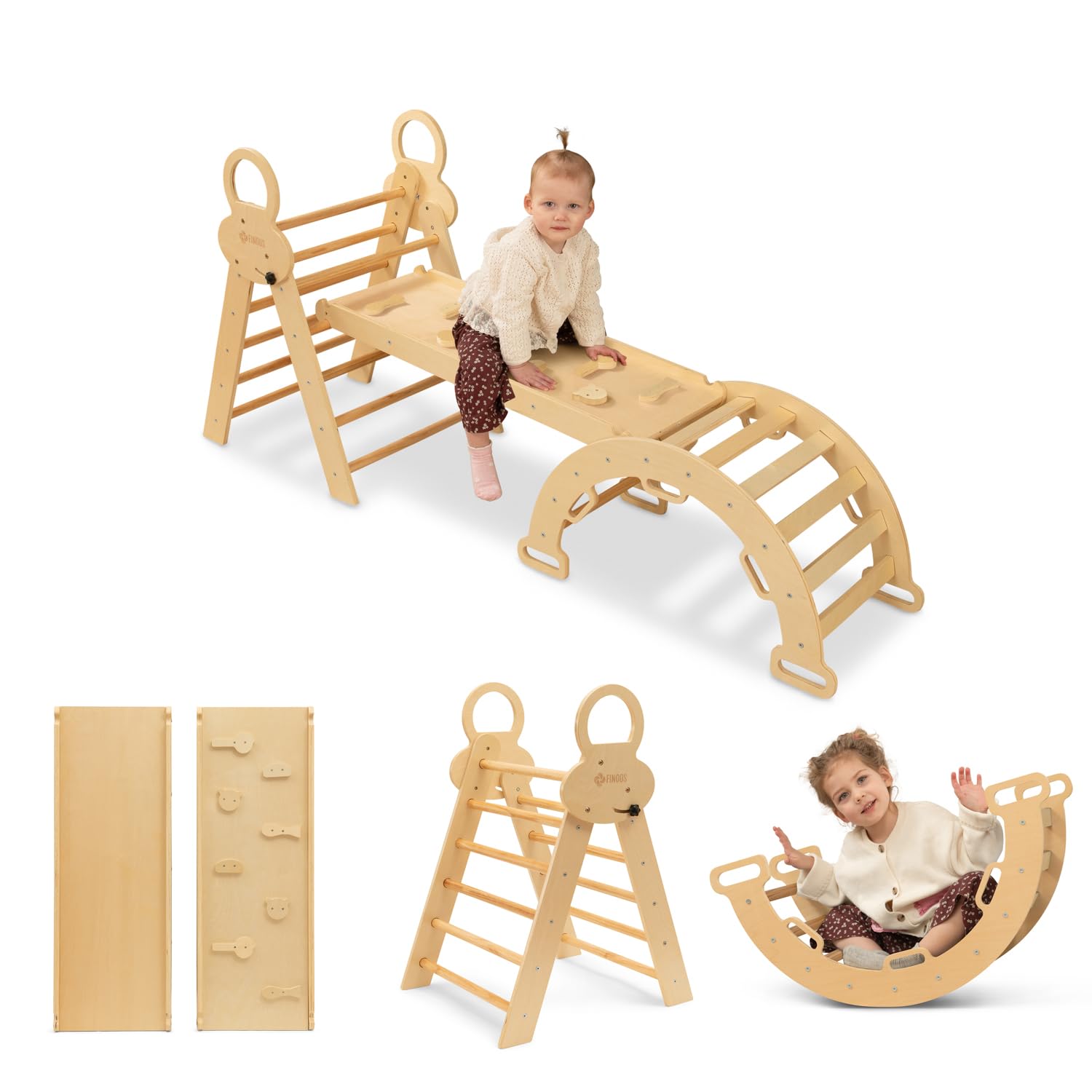 FINOOS Montessori Indoor Spielset: 7-in-1 Klettergerüst mit Rutsche & Bogen für Kleinkinder und Kinder (1-3 Jahre) (Naturholz)