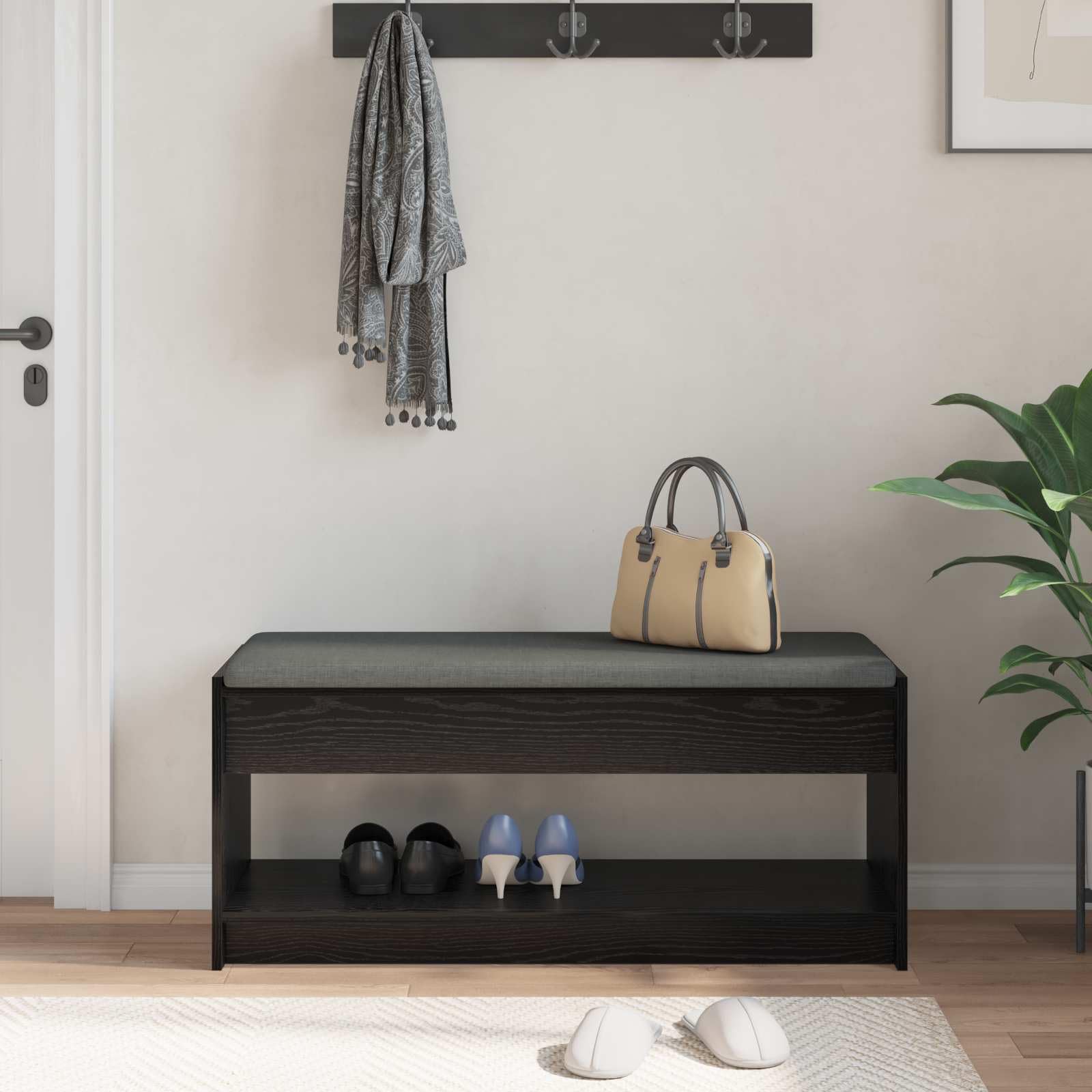 Ławka do przedpokoju dąb czarny 103x38x45 cm z miękką poduszką
