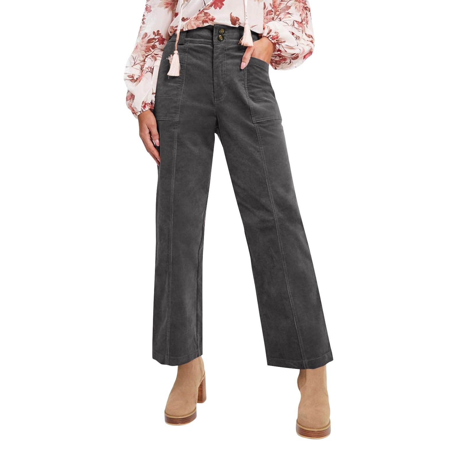 Corduroy Pants for Women Dressy Straight Leg Elastic Waist Teacher Pants with Pockets Ladies Fall Outfits for Women