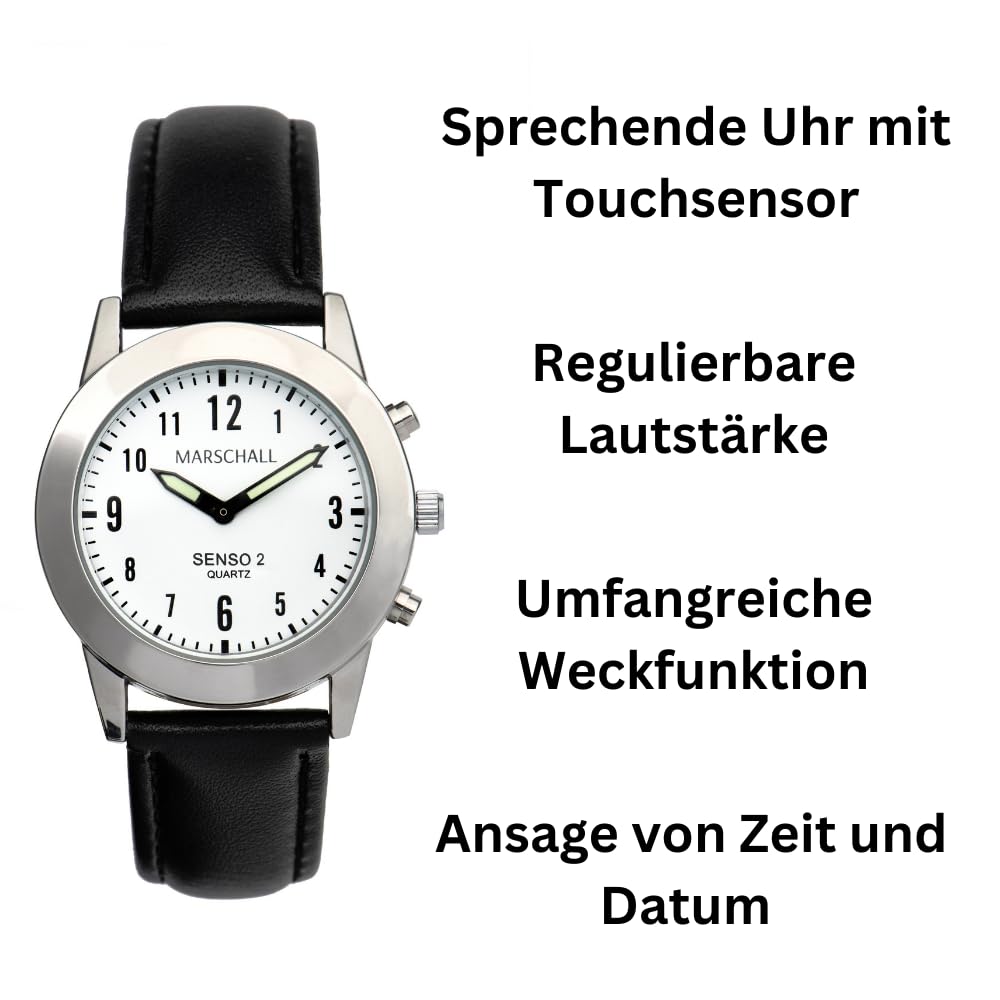 Marschall Senso Deutsch sprechende Damen Armbanduhr I S-DL 2 I Mit Touch Funktion I Für Blinde, Senioren und Demenzkranke I Datum- und Zeitansage I Schwarzes Lederarmband