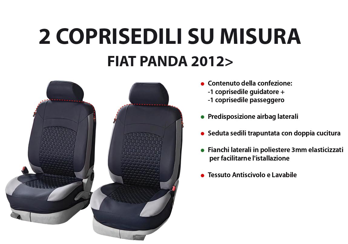 Set Coprisedili Auto Anteriori 2 Pezzi per FIAT PANDA dal 2012 - Fianchi elasticizzati, Tessuto Antiscivolo Trapuntato in Poliestere, Lavabile, Alta Qualità - OFFICINE MILANO